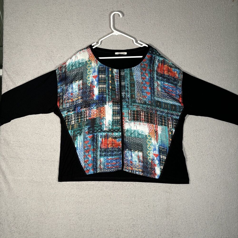 Christine‎ Laure Women Black Abstract Patchwork Batwing Top Plus Size 5 French